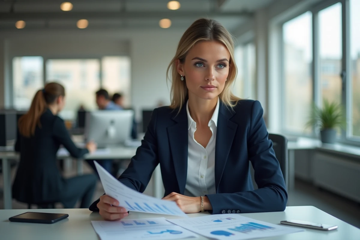Femme cadre analysant des documents sur la courbe des salaires en France dans un bureau moderne parisien