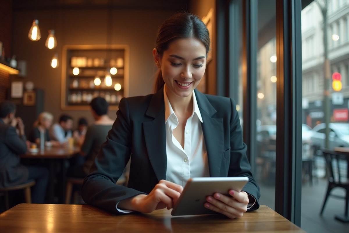 Femme dans un café utilisant une tablette pour crypto trading