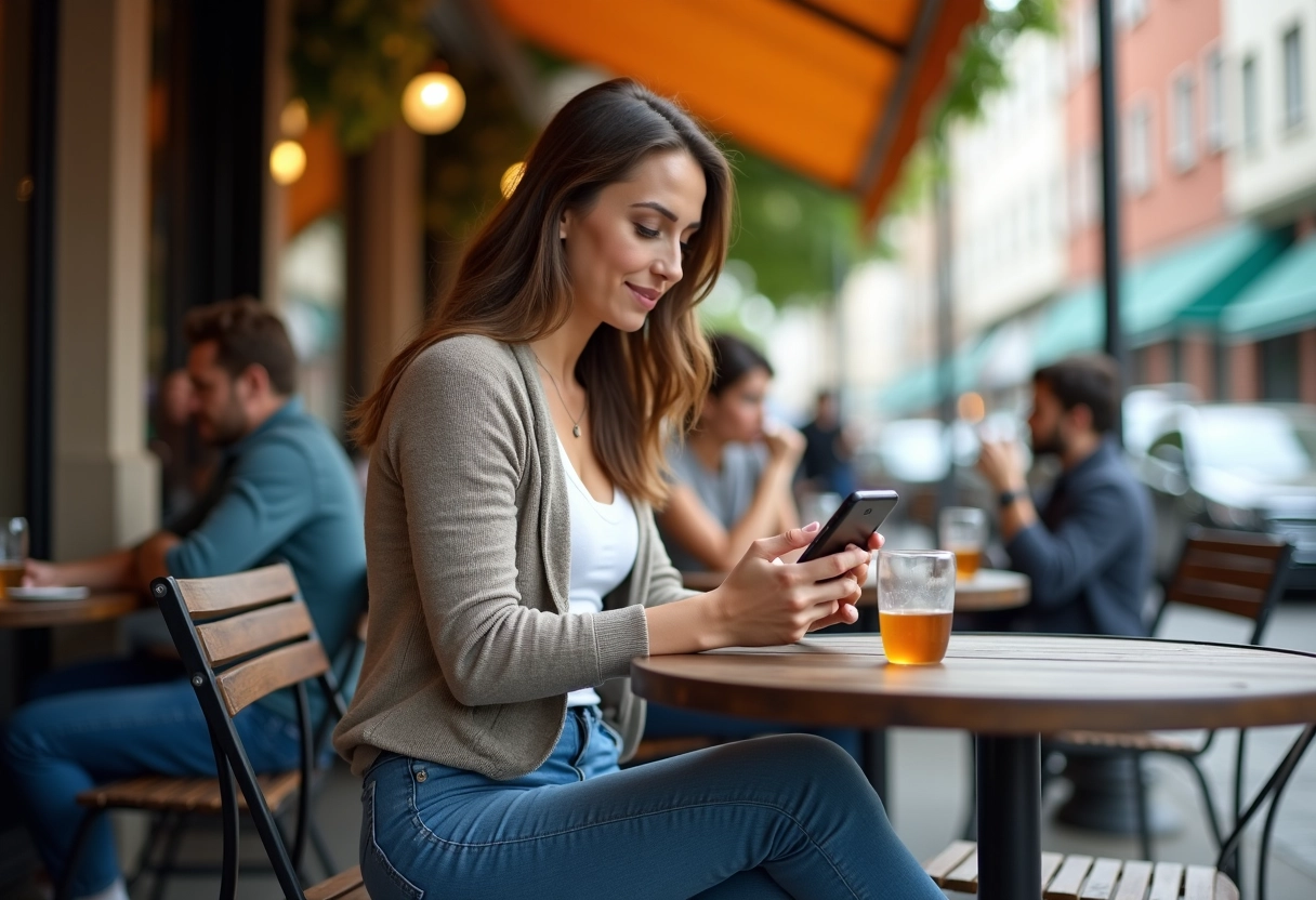 Jeune femme vérifiant ses données boursières au café