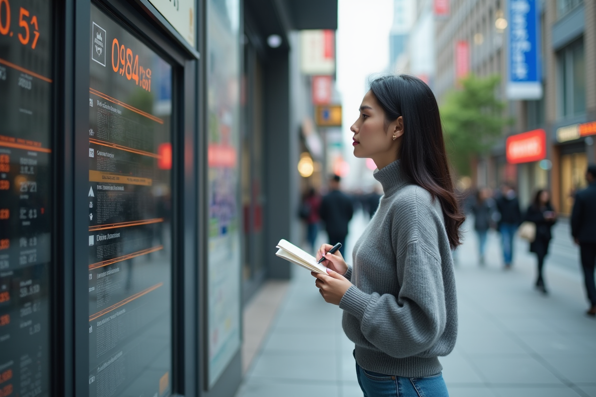 Jeune femme asiatique vérifiant un tableau de taux de change