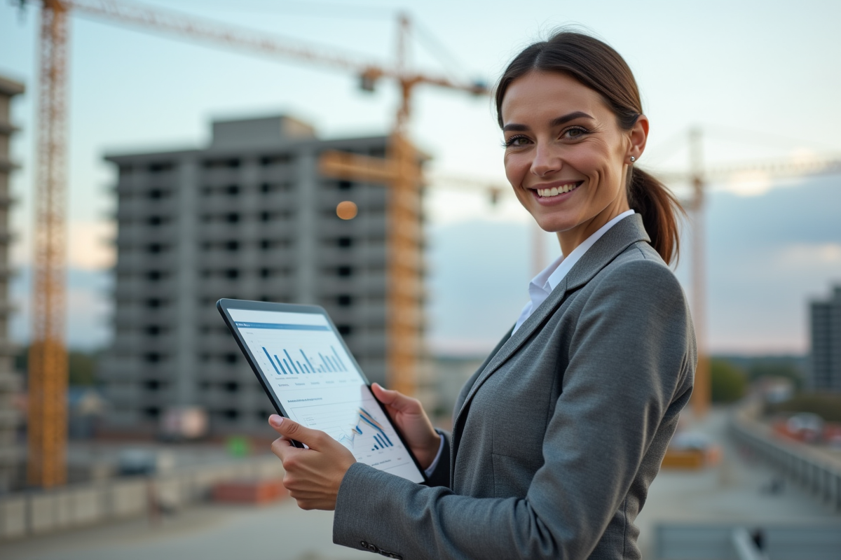 Femme d affaires observe un chantier avec une tablette