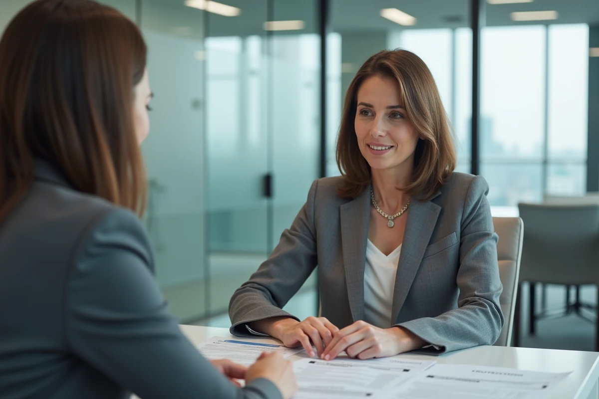 Femme discutant de son assurance de prêt immobilier avec un conseiller financier dans une agence moderne