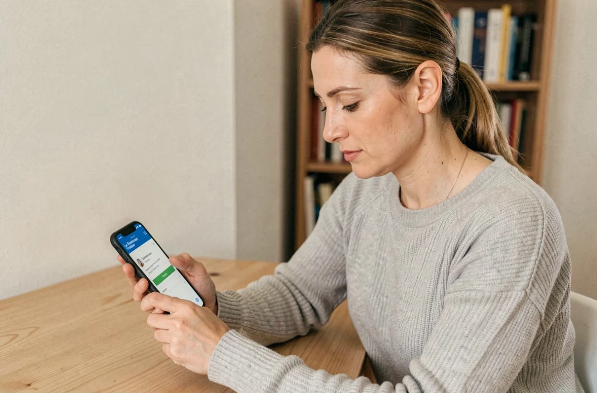 Femme consultant le plafond de retrait Banque Postale sur son smartphone depuis son bureau à domicile