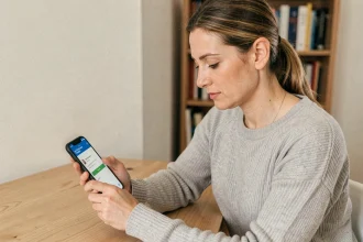 Femme consultant le plafond de retrait Banque Postale sur son smartphone depuis son bureau à domicile