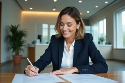 Femme consultant un contrat de compte à terme dans une agence bancaire Crédit Agricole