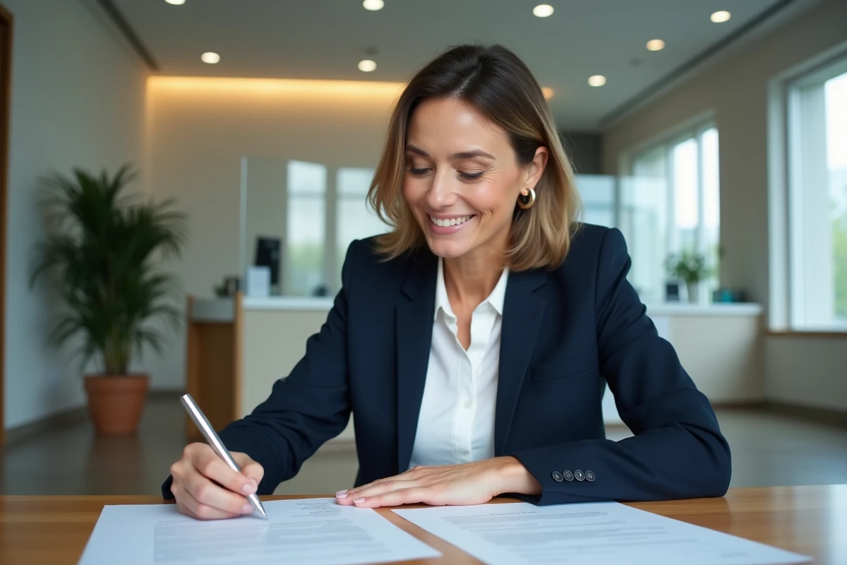 Femme consultant un contrat de compte à terme dans une agence bancaire Crédit Agricole