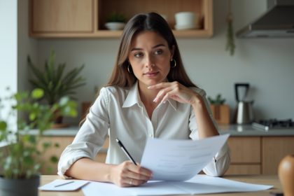 Femme professionnelle lisant un contrat dans une cuisine lumineuse