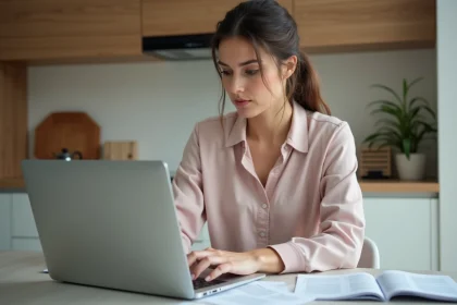 Femme concentrée à la maison avec documents et ordinateur