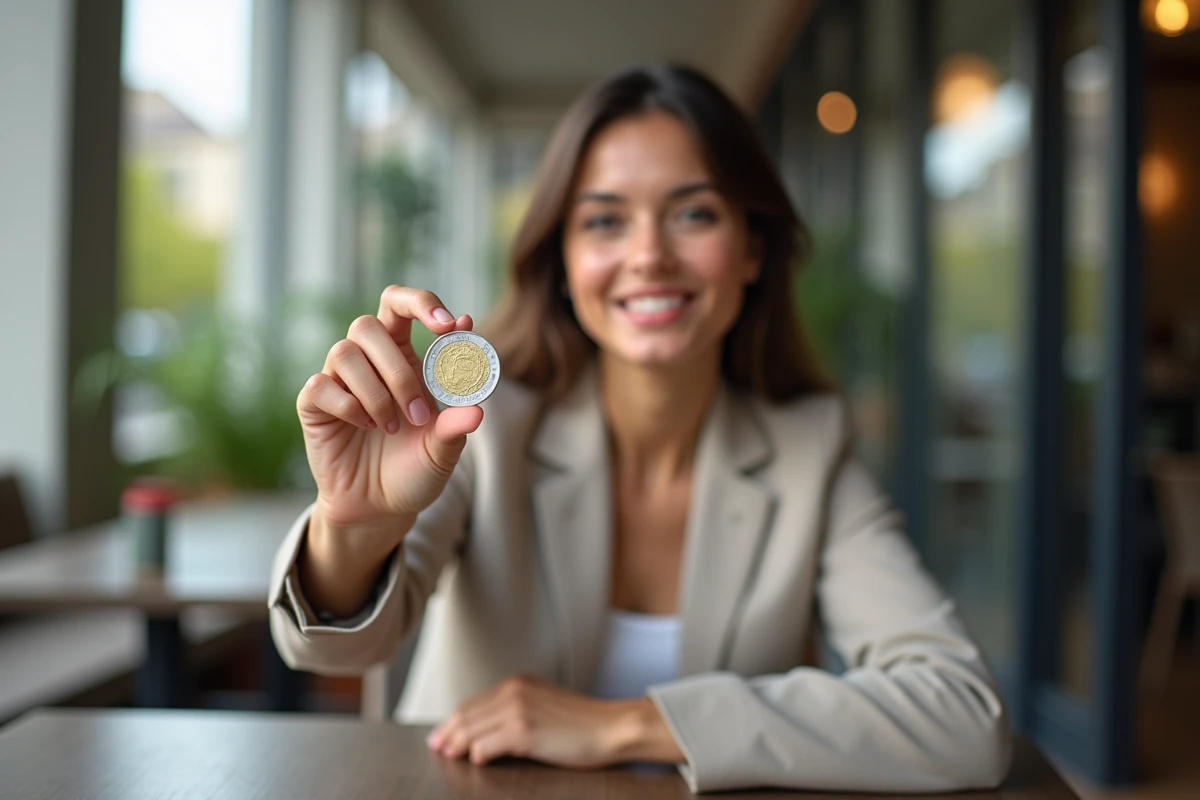 Femme tenant une pièce de 50 Francs en argent