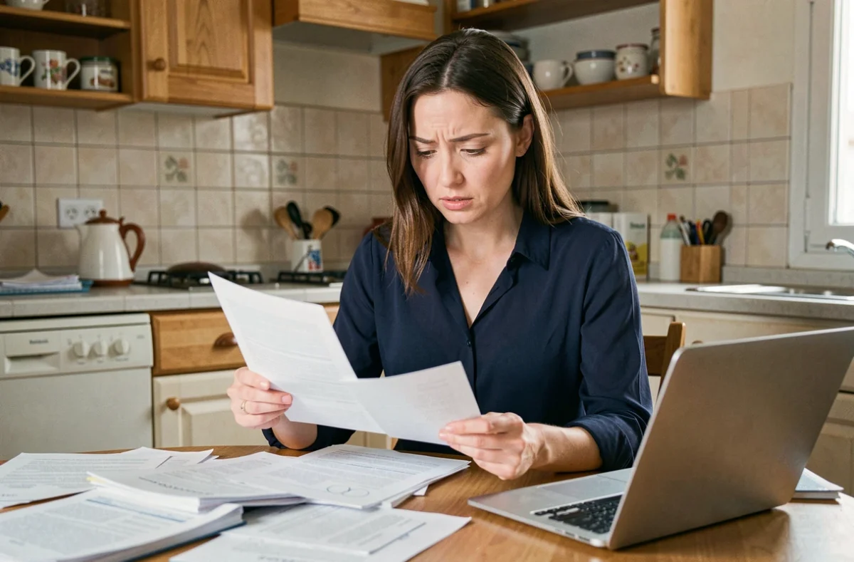 Femme consultant des documents administratifs sur la prime d'activité à la maison