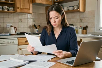 Femme consultant des documents administratifs sur la prime d'activité à la maison