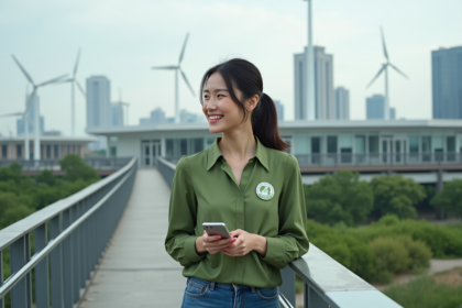 Jeune femme souriante sur pont urbain avec éoliennes et panneaux solaires
