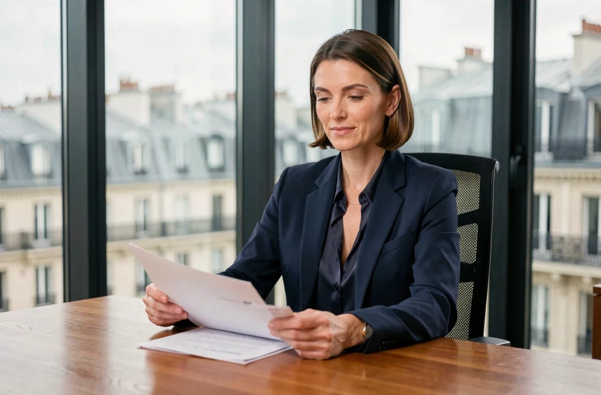 Femme élégante en blazer marine assise à un bureau parisien moderne, illustrant le parcours professionnel et la fortune d'Audrey Crespo-Mara