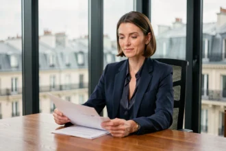 Femme élégante en blazer marine assise à un bureau parisien moderne, illustrant le parcours professionnel et la fortune d'Audrey Crespo-Mara