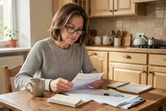 Femme consultant ses relevés d'épargne à la table de sa cuisine pour adapter son livret A en 2026
