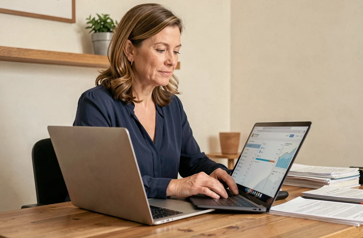 Femme accédant à son espace client La Banque Postale sur un ordinateur portable depuis son bureau à domicile