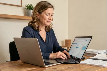 Femme accédant à son espace client La Banque Postale sur un ordinateur portable depuis son bureau à domicile