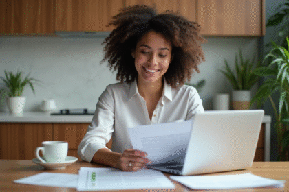 Jeune femme examine documents de prêt étudiant à la maison