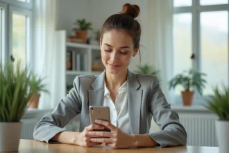 Femme consultant l'application Filibanque CIC sur son smartphone depuis son bureau à domicile