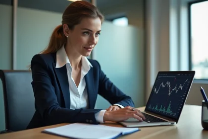 Femme d'affaires concentrée sur un ordinateur portable en bureau moderne