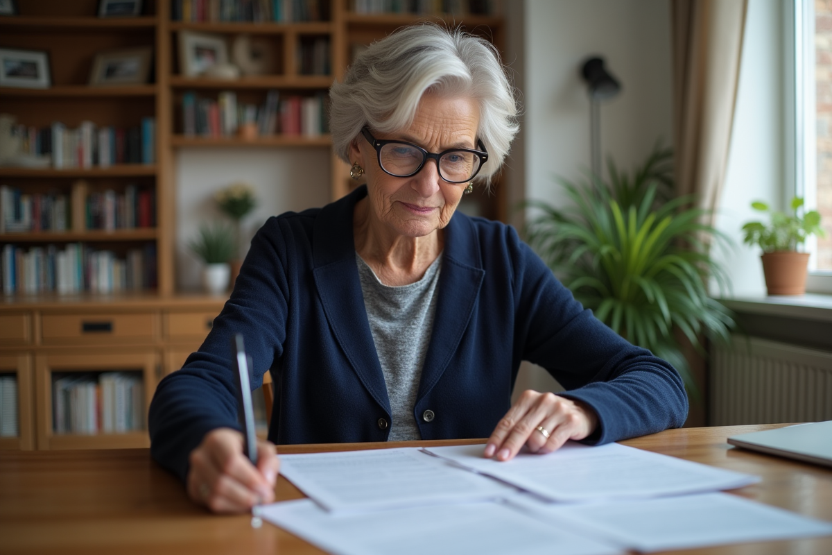 Femme d'âge moyen examinant des papiers officiels à la maison