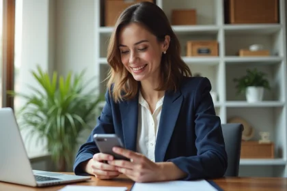 Femme utilisant l'application bancaire CIC sur son smartphone dans un bureau à domicile moderne pour gérer son compte