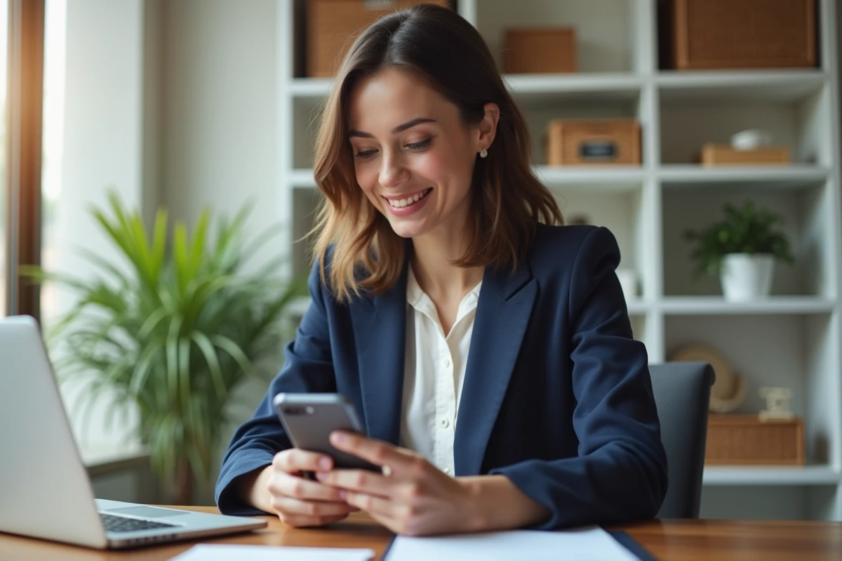 Femme utilisant l'application bancaire CIC sur son smartphone dans un bureau à domicile moderne pour gérer son compte