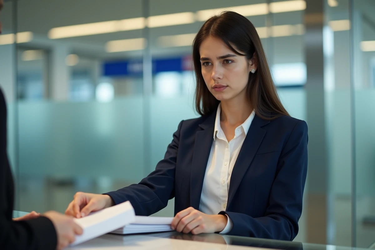 Femme remettant des documents à un guichet bancaire lors d'une procédure de fichage BDF ou FICP