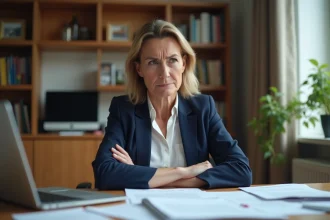 Femme insatisfaite de son conseiller ACM IARD SA assise à son bureau avec des documents d'assurance