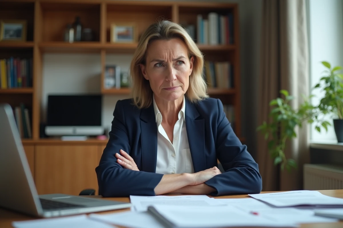 Femme insatisfaite de son conseiller ACM IARD SA assise à son bureau avec des documents d'assurance