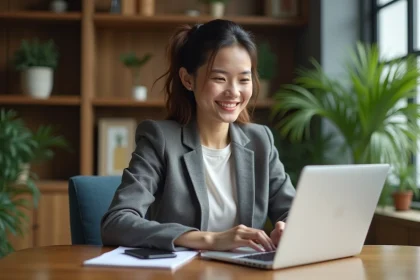 Jeune femme souriante utilisant son ordinateur pour des dons en ligne