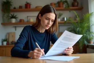Femme lisant un document d'assurance Chubb à une table de cuisine en bois, stylo à la main, dans un contexte de résiliation après changement d'opérateur
