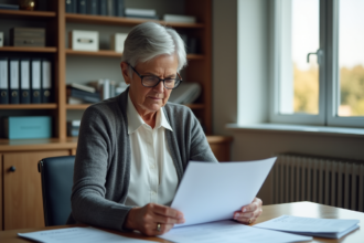 Femme mature lisant des documents dans un bureau moderne