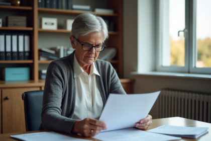 Femme mature lisant des documents dans un bureau moderne