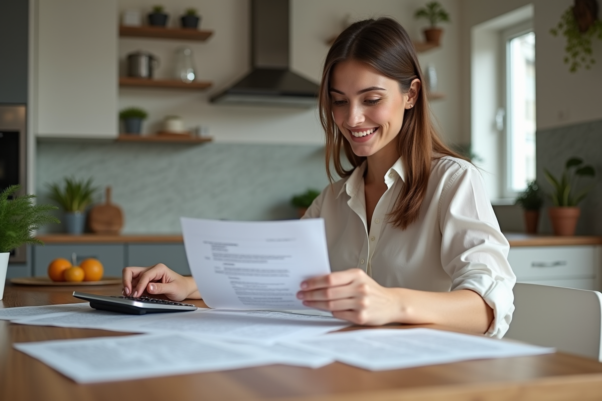Jeune femme souriante vérifie ses documents fiscaux à la maison