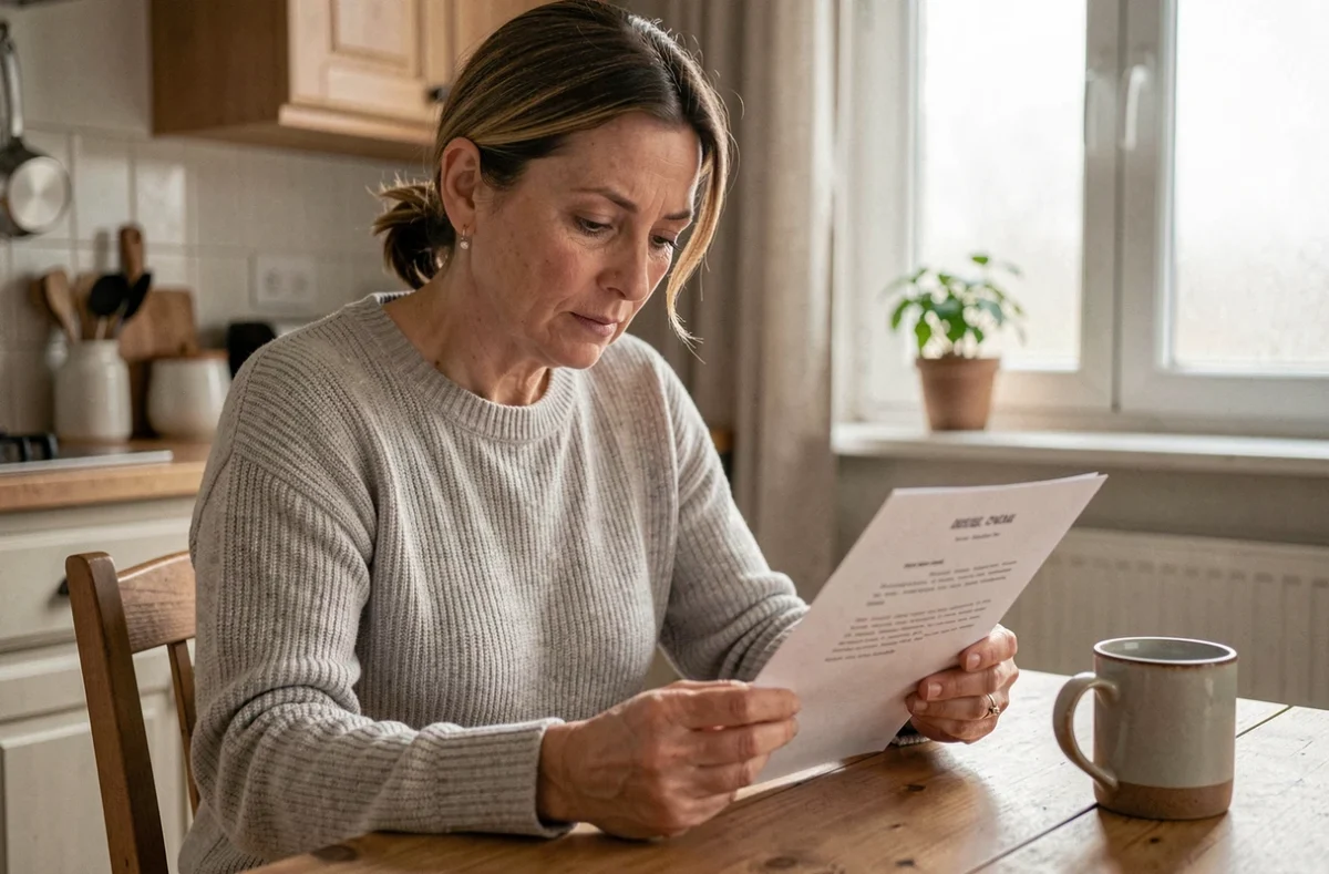 Femme lisant une lettre de créance publique mentionnant petite créance à son domicile