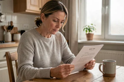 Femme lisant une lettre de créance publique mentionnant petite créance à son domicile