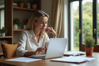 Femme d'âge moyen lisant des documents immobiliers dans un salon lumineux