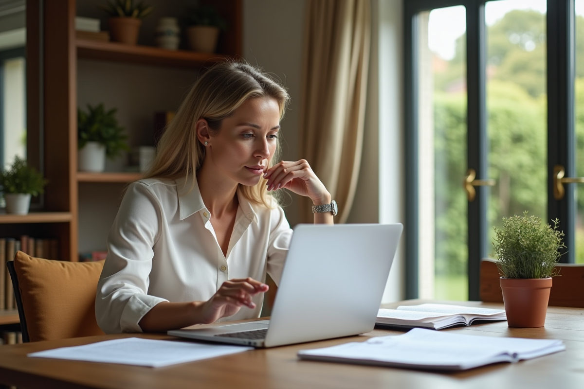 Femme d'âge moyen lisant des documents immobiliers dans un salon lumineux