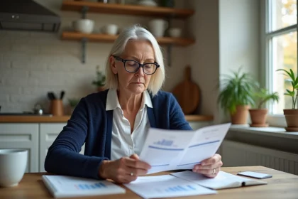 Femme consultant son livret A et ses relevés bancaires dans une cuisine moderne, illustrant la gestion de l'épargne avant la révision des taux 2026