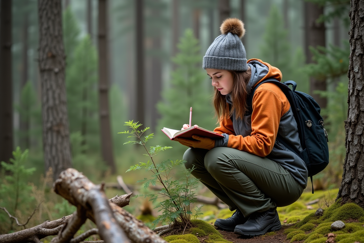 Jeune femme note dans un journal en forêt de conifères