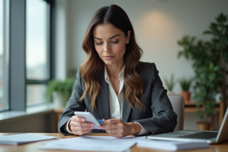 Femme en bureau à domicile examinant sa carte de crédit