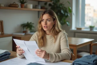 Femme organisée avec vêtements et papier dans un appartement lumineux