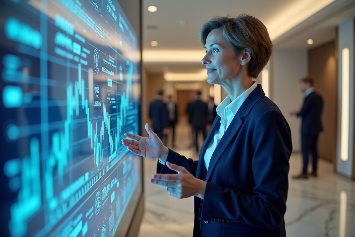 Femme en blazer montrant un écran blockchain dans un lobby moderne