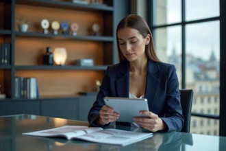 Femme d'affaires lisant un magazine d'assurances sur tablette