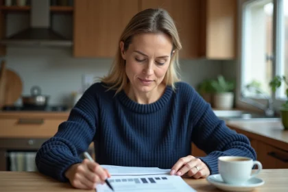 Femme consultant ses relevés bancaires CMB sur une table en bois dans une cuisine moderne