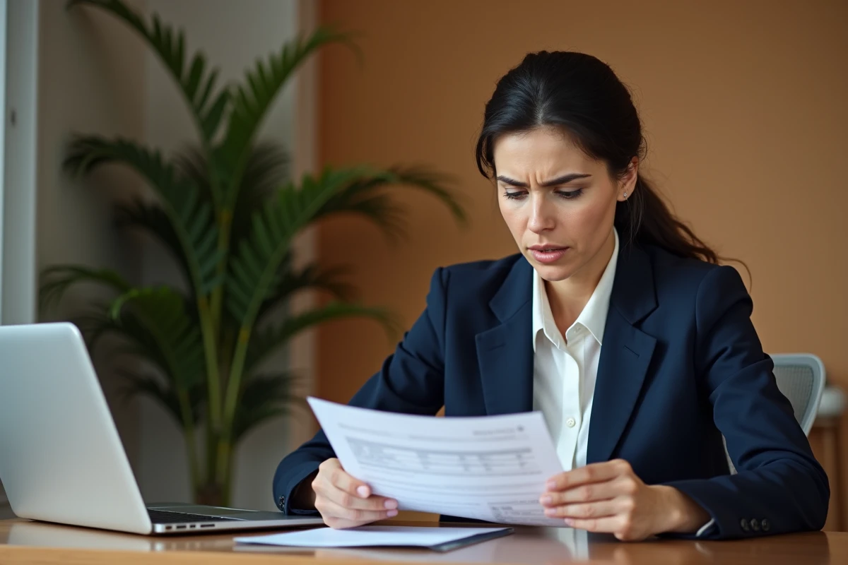 Femme examinant ses relevés de compte La Banque Postale à son bureau à domicile