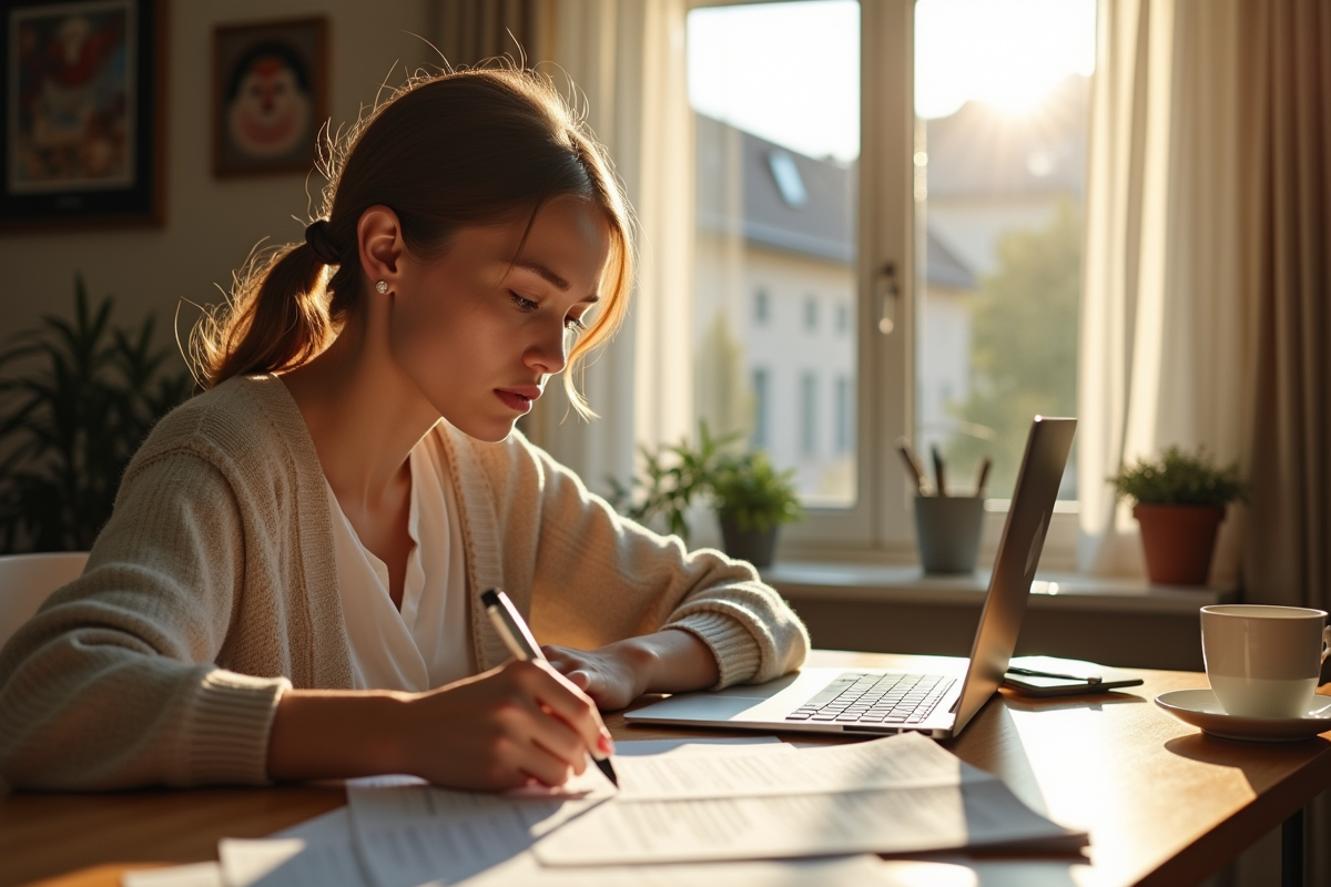 Jeune femme remplissant des formulaires de chômage à la maison
