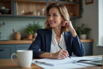 Femme en revue de documents dans une cuisine moderne