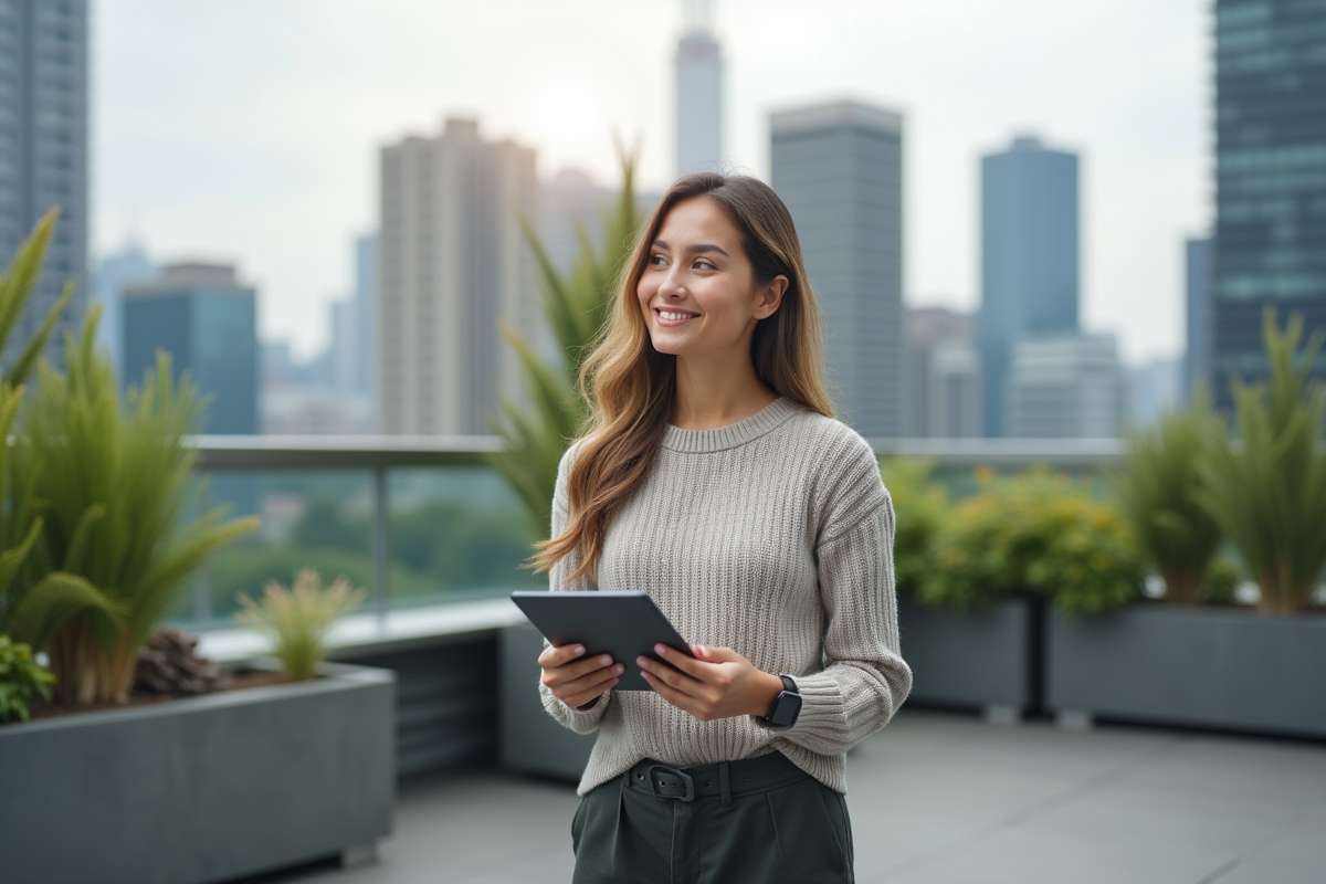 Jeune femme avec tablette sur un rooftop urbain